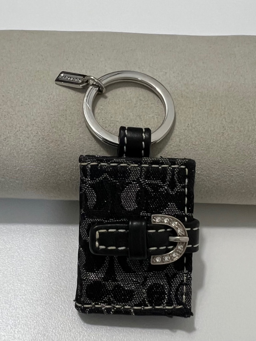 Coach Signature Jacquard Keychain Mini Photo Holder Bag Charm Black Leather Trim